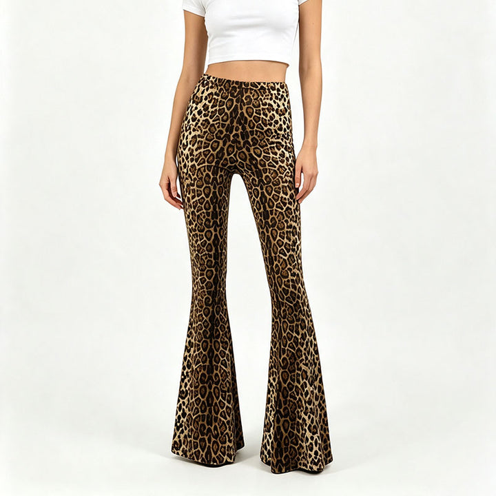 High-waisted, slim-fit animal print flared trousers