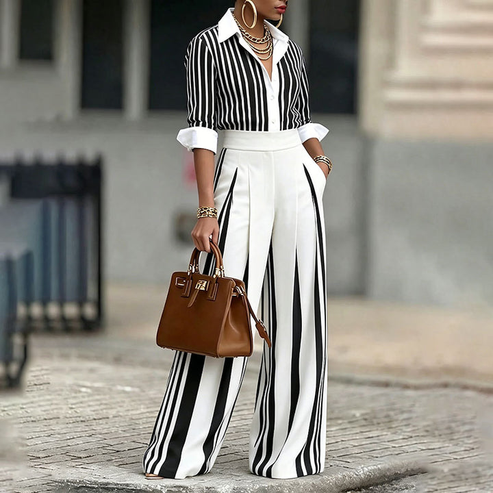 Striped shirt and pleated wide-leg trousers two-piece set
