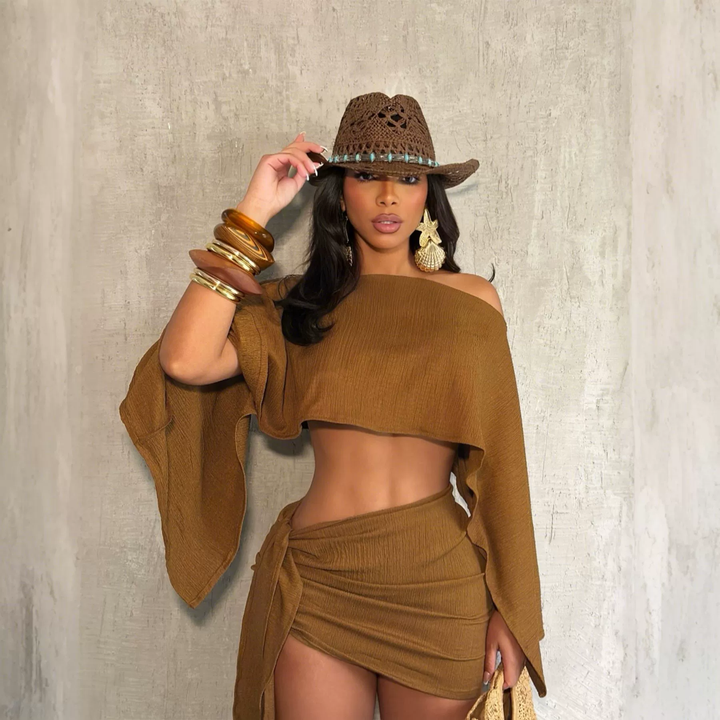 Textured One Shoulder Crop Top & Mini Skirt Set