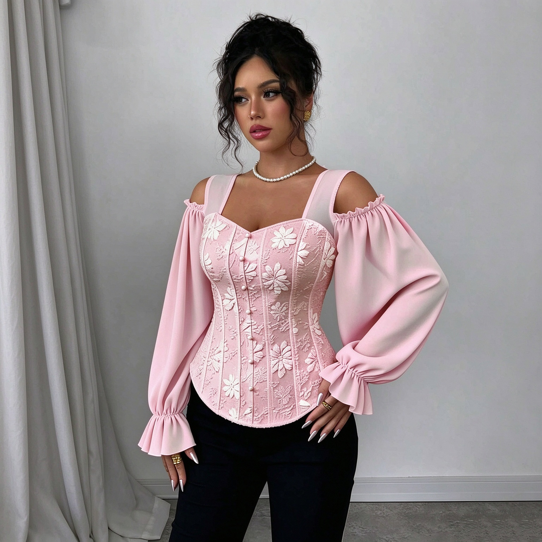 Ladies Elegant Cold Shoulder Floral Jacquard Shirt