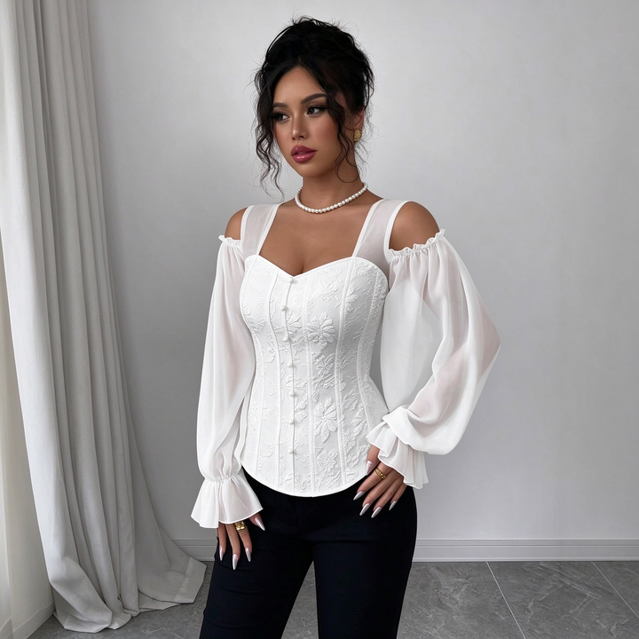 Ladies Elegant Cold Shoulder Floral Jacquard Shirt