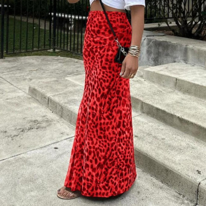 High-waisted leopard print slim-fit fishtail maxi skirt