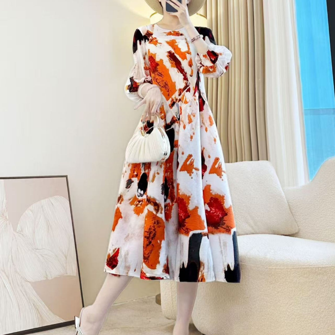 Elegant Printed Stretch Pleated Maxi Dress