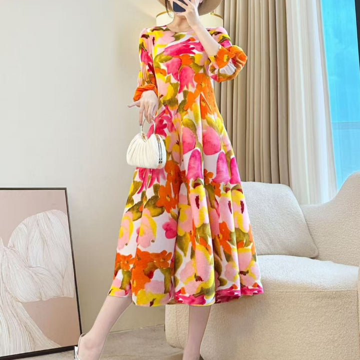 Elegant Printed Stretch Pleated Maxi Dress